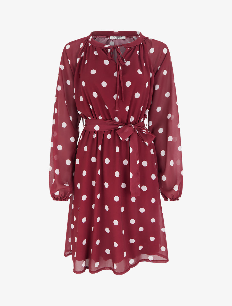 Robe à pois évasée à manches longues - Bordeaux - 1