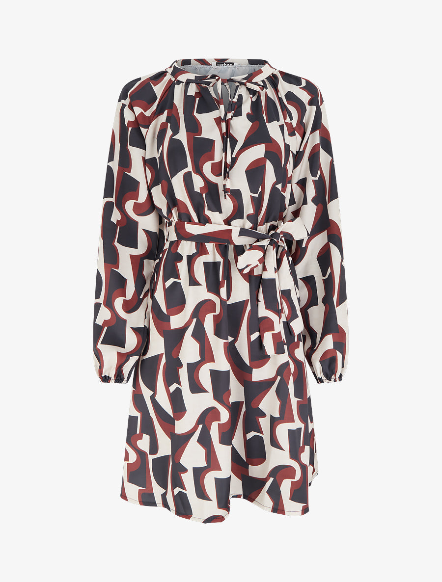 Robe satinée à manches longues et imprimé graphique - Noir - 1