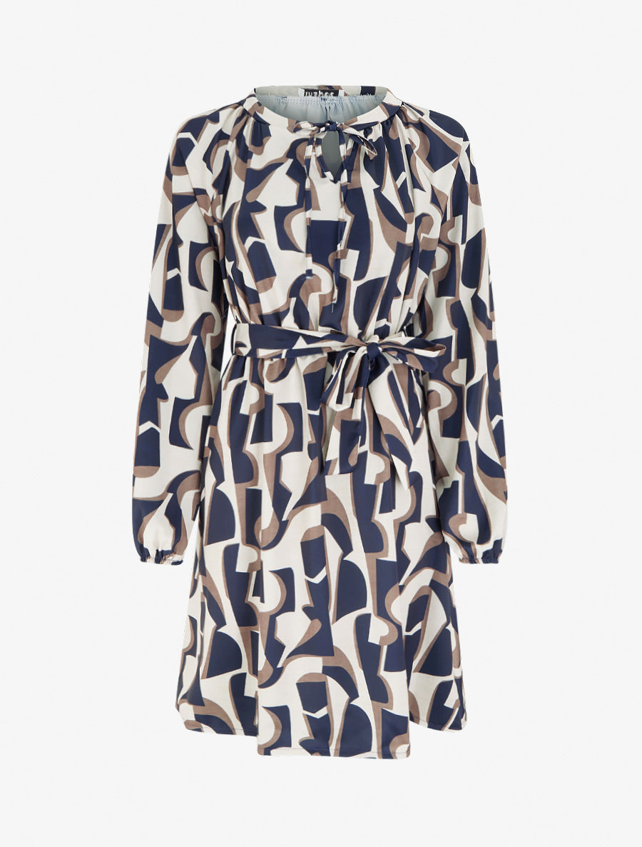 Robe satinée à manches longues et imprimé graphique - Marine - 1