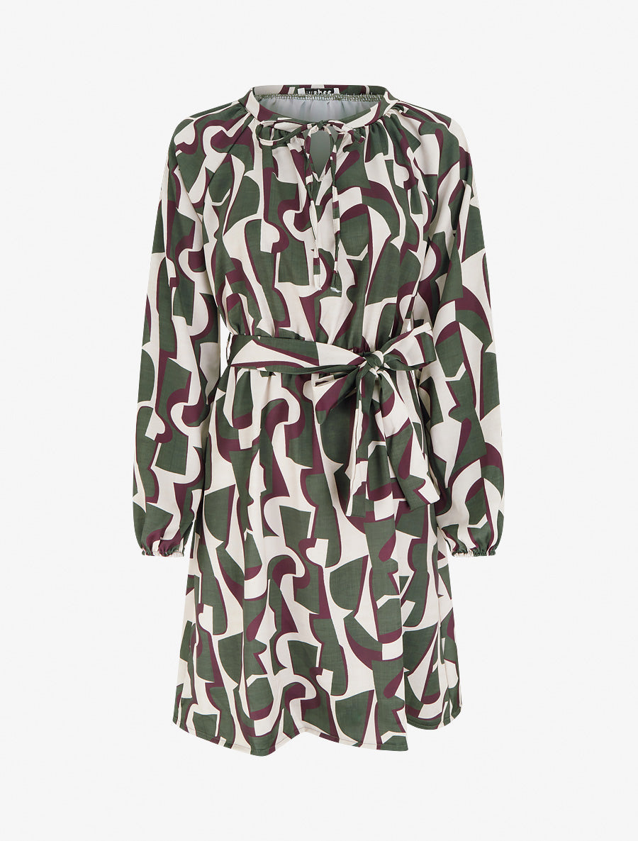 Robe satinée à manches longues et imprimé graphique - Kaki - 1