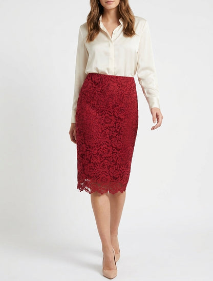 Kanten kokerrok met hoge taille - Rood