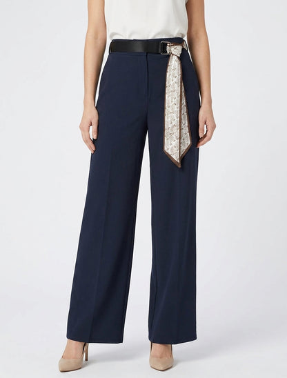 Wijde broek met hoge taille en sjaalstijl riem - Marine