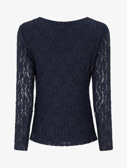 Top en dentelle à effet drapé et bijou métal - Marine - 2