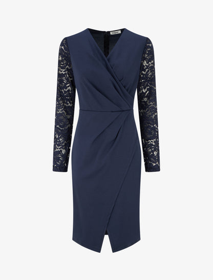 Robe portefeuille ajustée à manches en dentelle - Marine - 1
