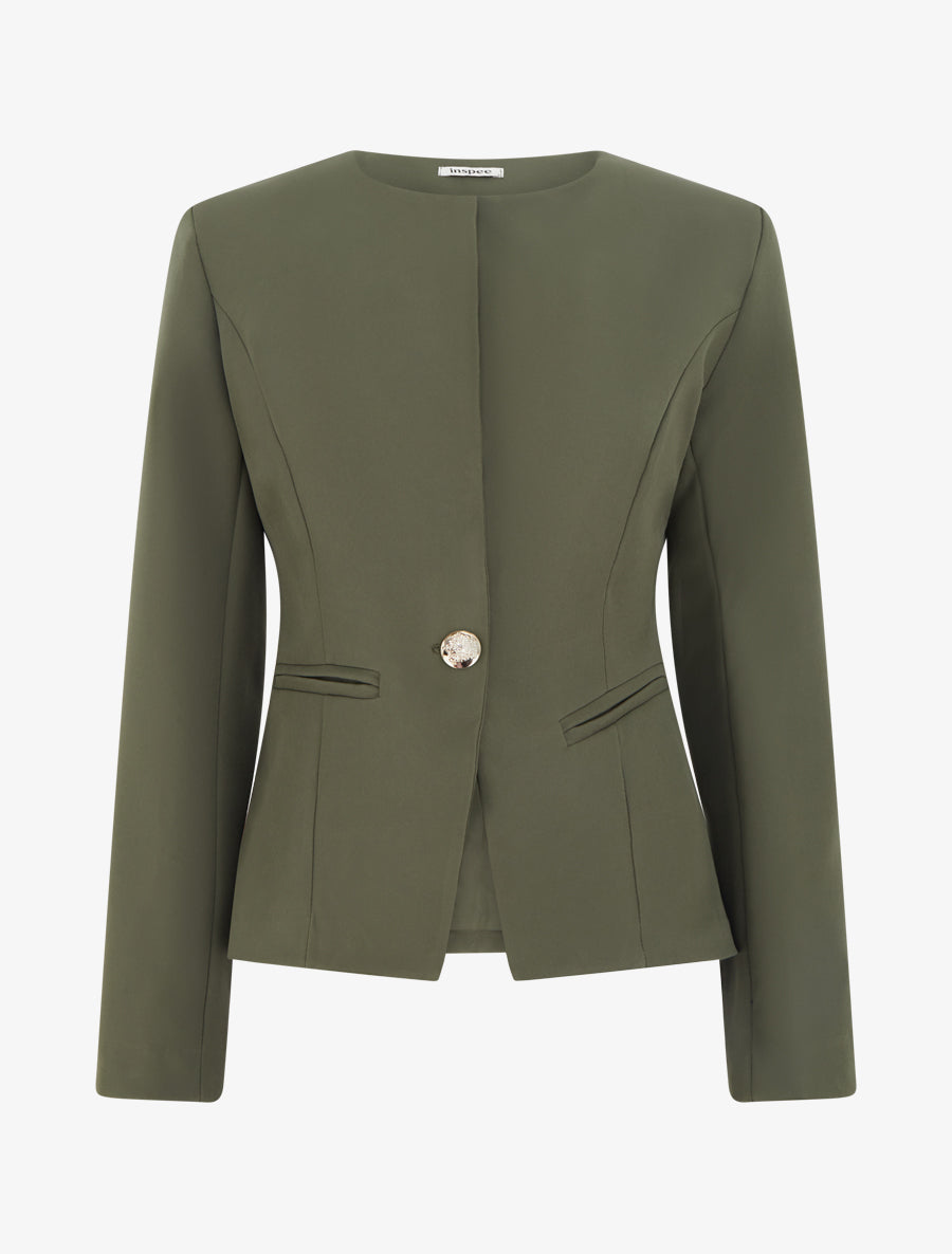 Veste un bouton à épaulettes et col rond - Kaki - 1