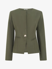 Veste un bouton à épaulettes et col rond - Kaki - 1