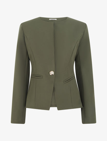 Veste un bouton à épaulettes et col rond - Kaki - 1