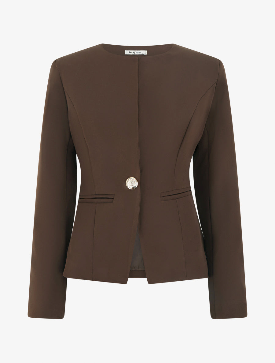 Veste un bouton à épaulettes et col rond - Marron - 1