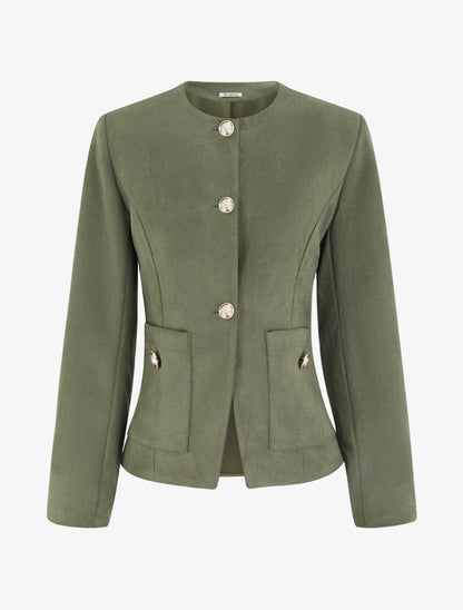 Veste en suédine boutonnée à col rond - Kaki - 1