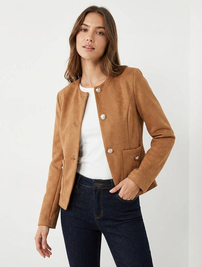 Suède jasje met knopen en ronde hals - Kameel