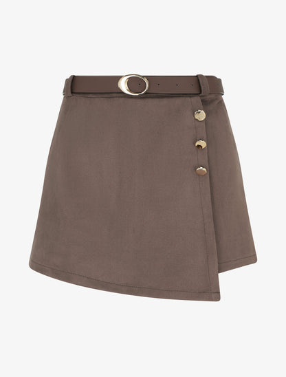 Jupe-short suédine à boutons décoratifs - Marron - 1