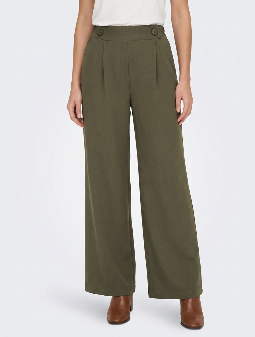 Effen broek met elastische tailleband - Kaki