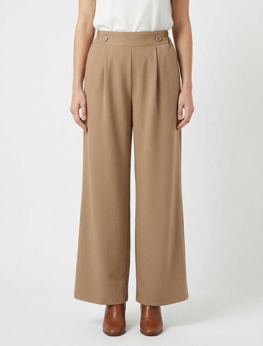 Effen broek met elastische tailleband - Kameel