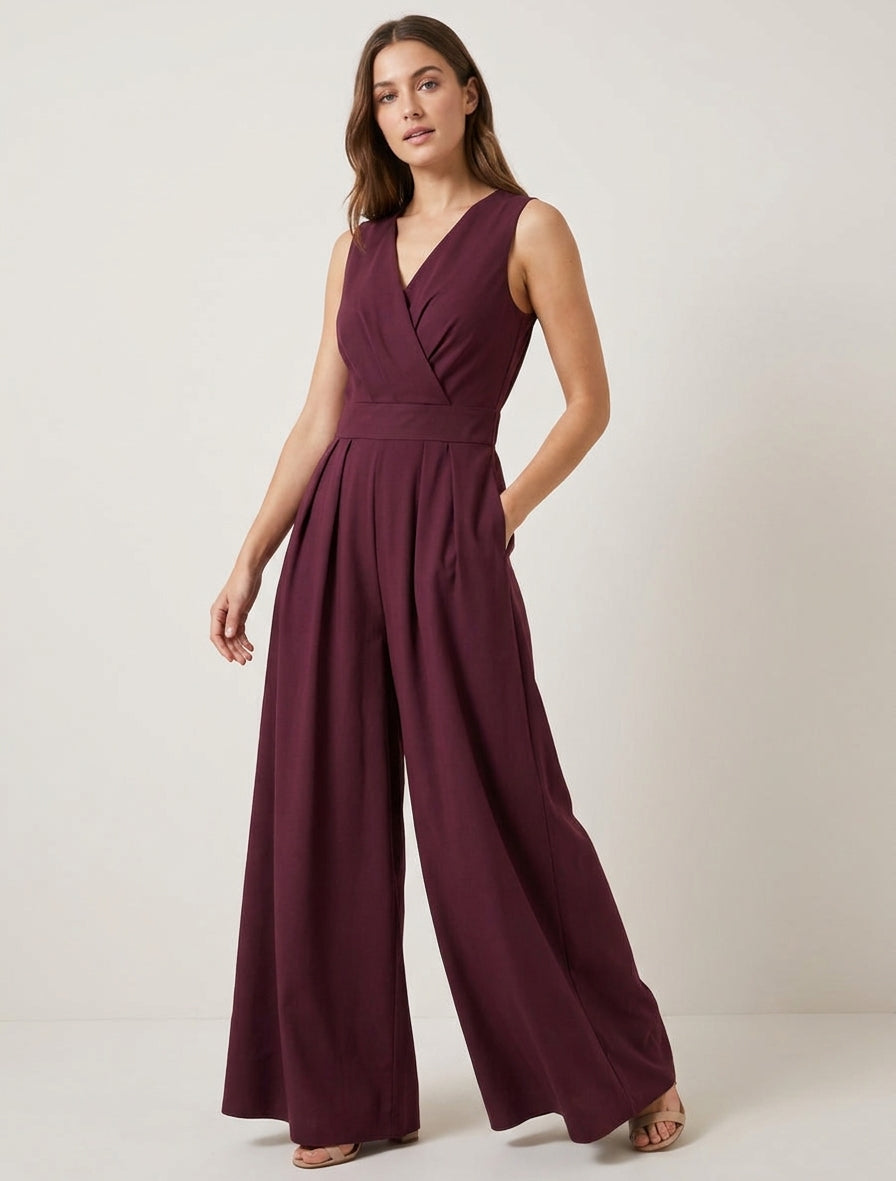 Mouwloze wijde jumpsuit met open rug - Pruim