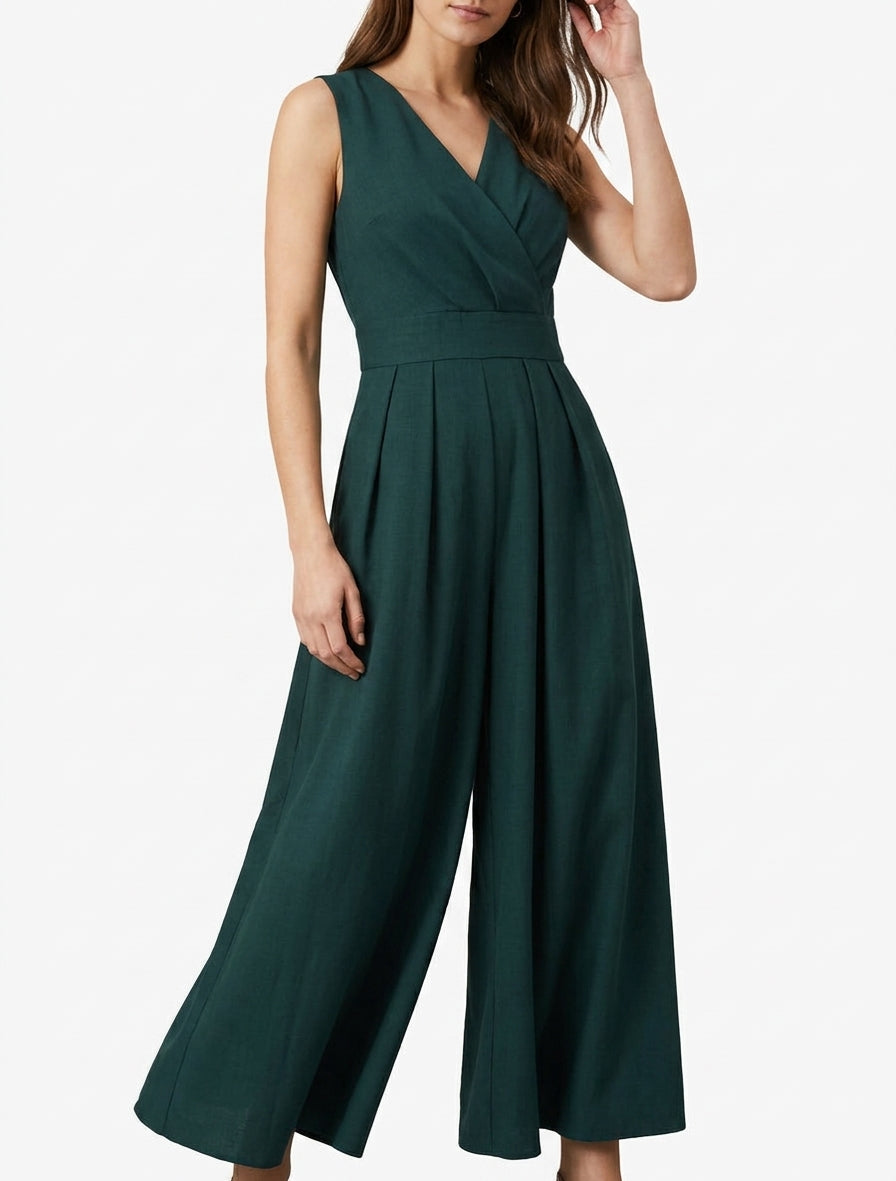Mouwloze wijde jumpsuit met open rug - Donkergroen