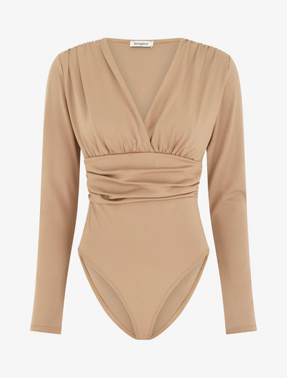 Body manches longues à taille plissée - Camel clair - 1