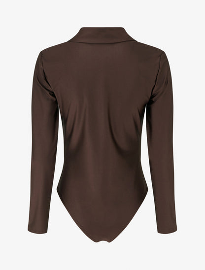 Body satiné style chemise - Marron - 2