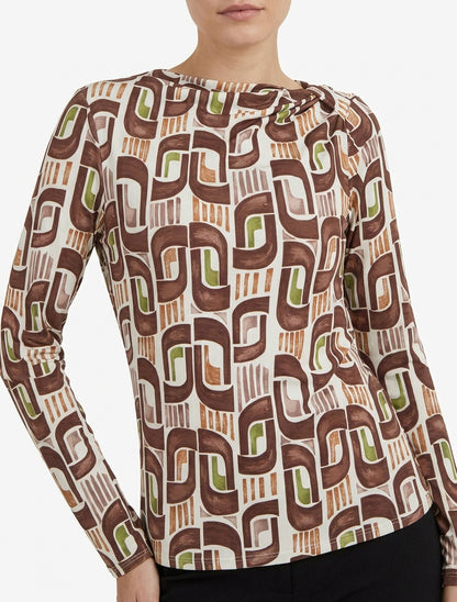 Retro bedrukt top met lange mouwen - Bruin