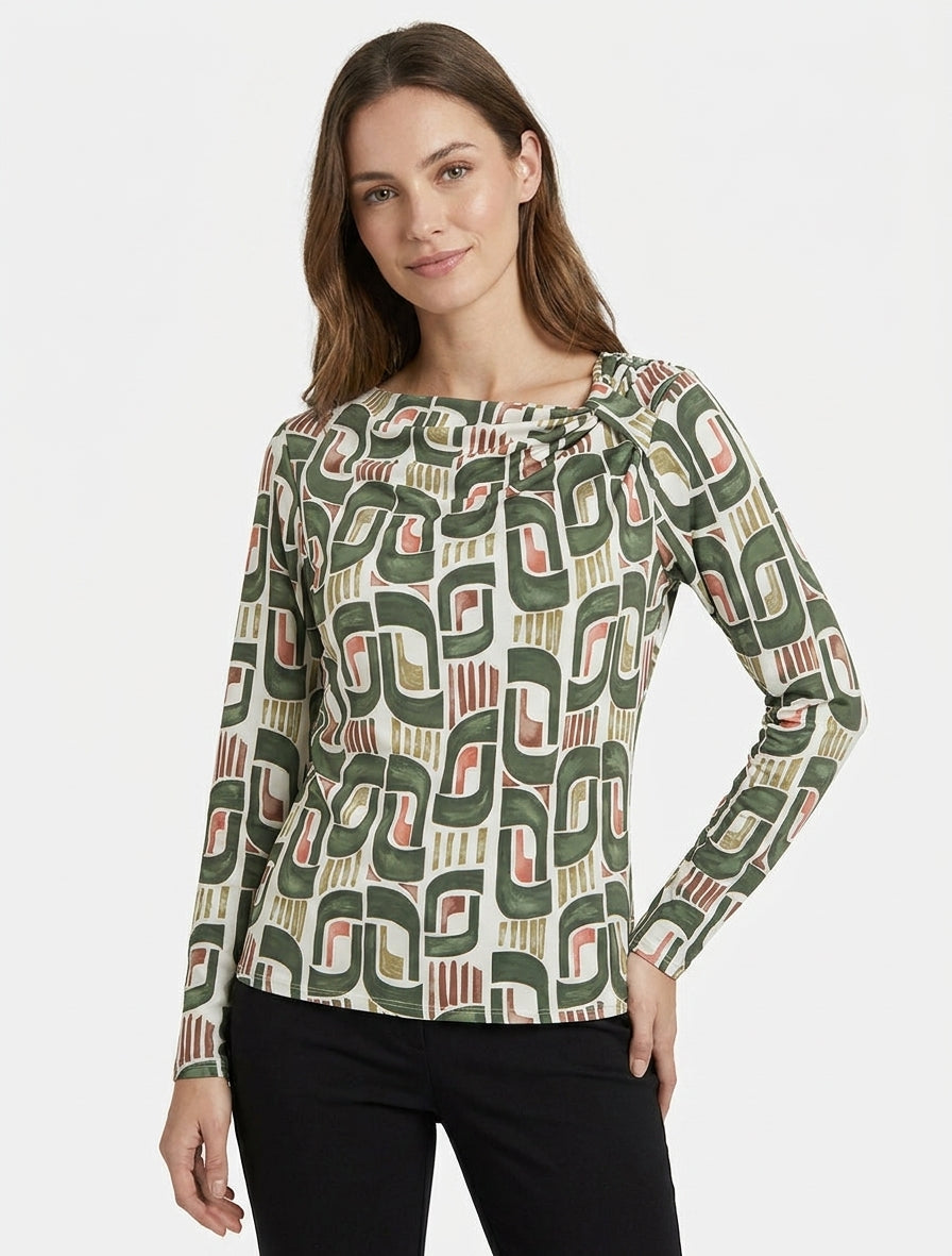 Retro bedrukt top met lange mouwen - Kaki