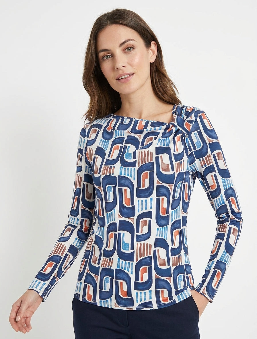 Retro bedrukt top met lange mouwen - Marine