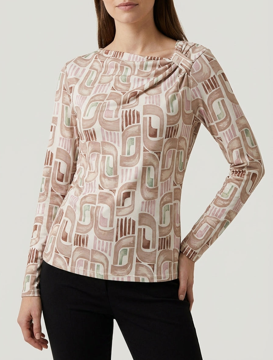 Retro bedrukt top met lange mouwen - Beige