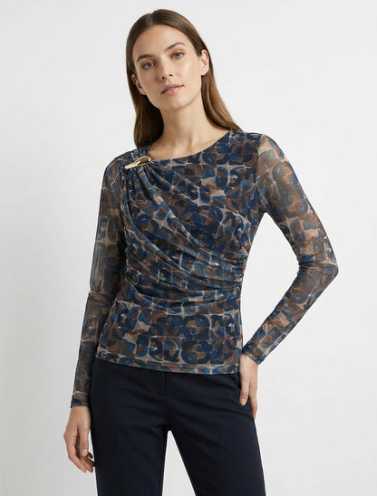 Top van tule met abstracte print en sierlijk inzetstuk - Marine