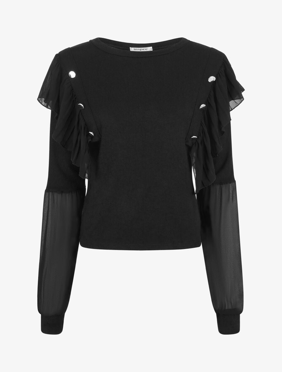Pull fin à épaules ornées de voile - Noir - 1