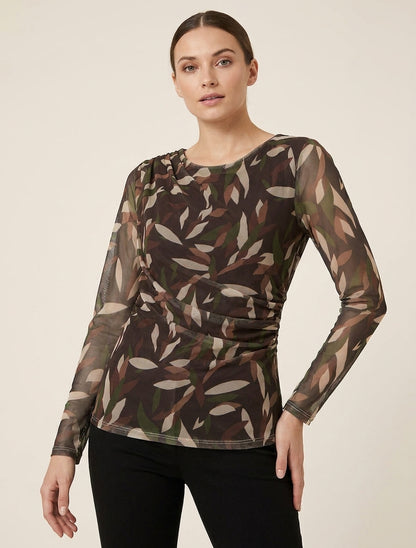 Abstracte bedrukte top in tule - Bruin