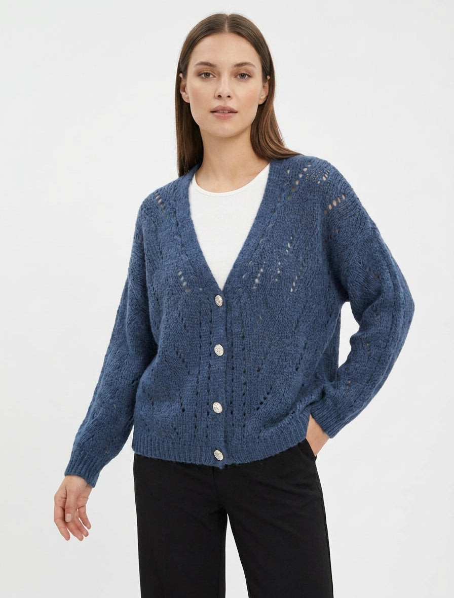Ruimvallend vest van opengewerkte brei met V-hals - Blauw