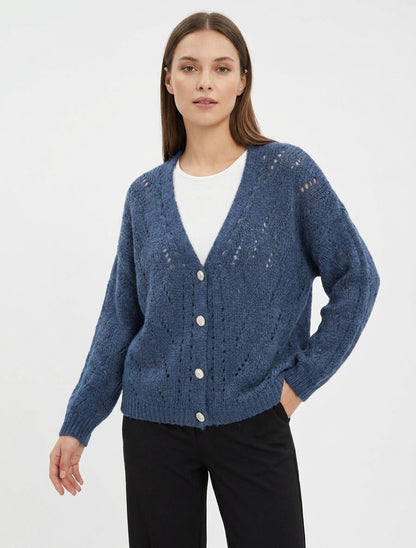 Ruimvallend vest van opengewerkte brei met V-hals - Blauw