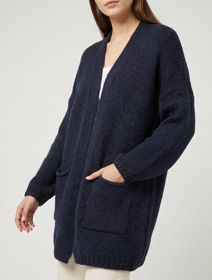 Lange open vest van dikke brei - Marine
