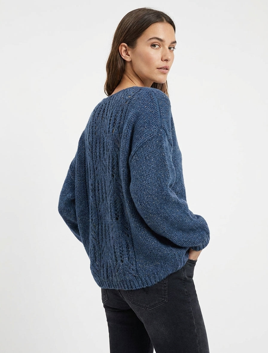 Ruime iriserende V-hals trui - Blauw karretje