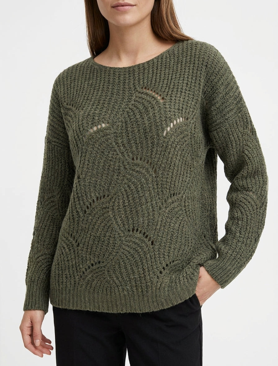 Ruime trui van opengewerkt fantasietricot. - Kaki