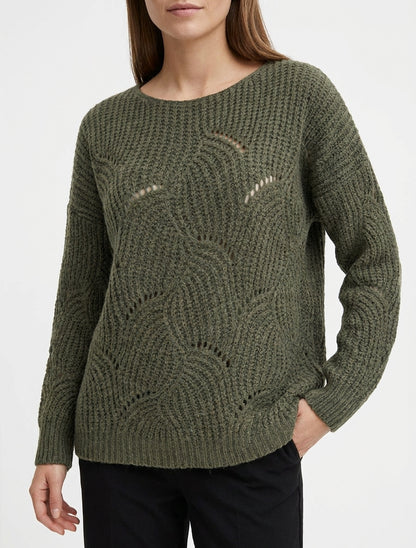 Ruime trui van opengewerkt fantasietricot. - Kaki