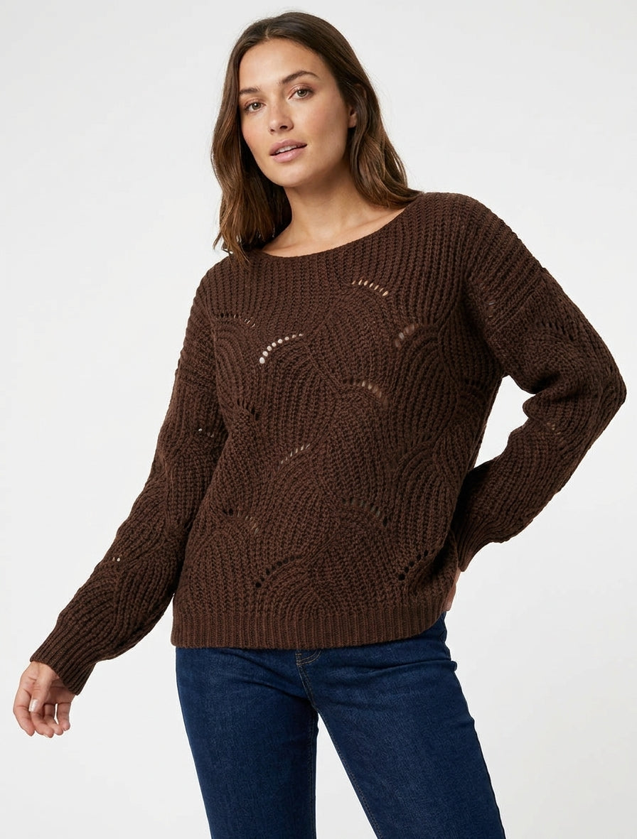 Ruime trui van opengewerkt fantasietricot. - Bruin