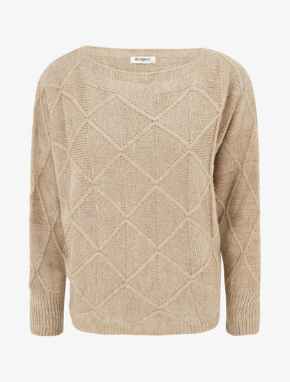 Pull à col bateau en maille effet quadrillé - Beige foncé - 1