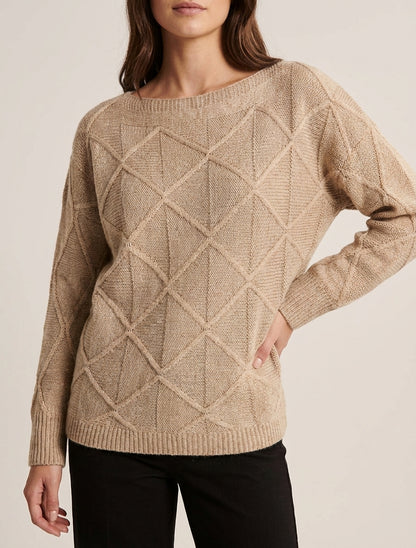 Trui met boothals in geruite breistructuur - Donker beige
