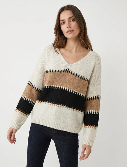 Ruime V-hals trui met gestileerde strepen - Beige