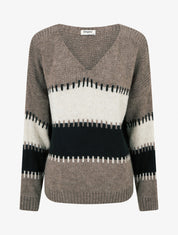 Pull ample à col V et rayures stylisées - Taupe - 1