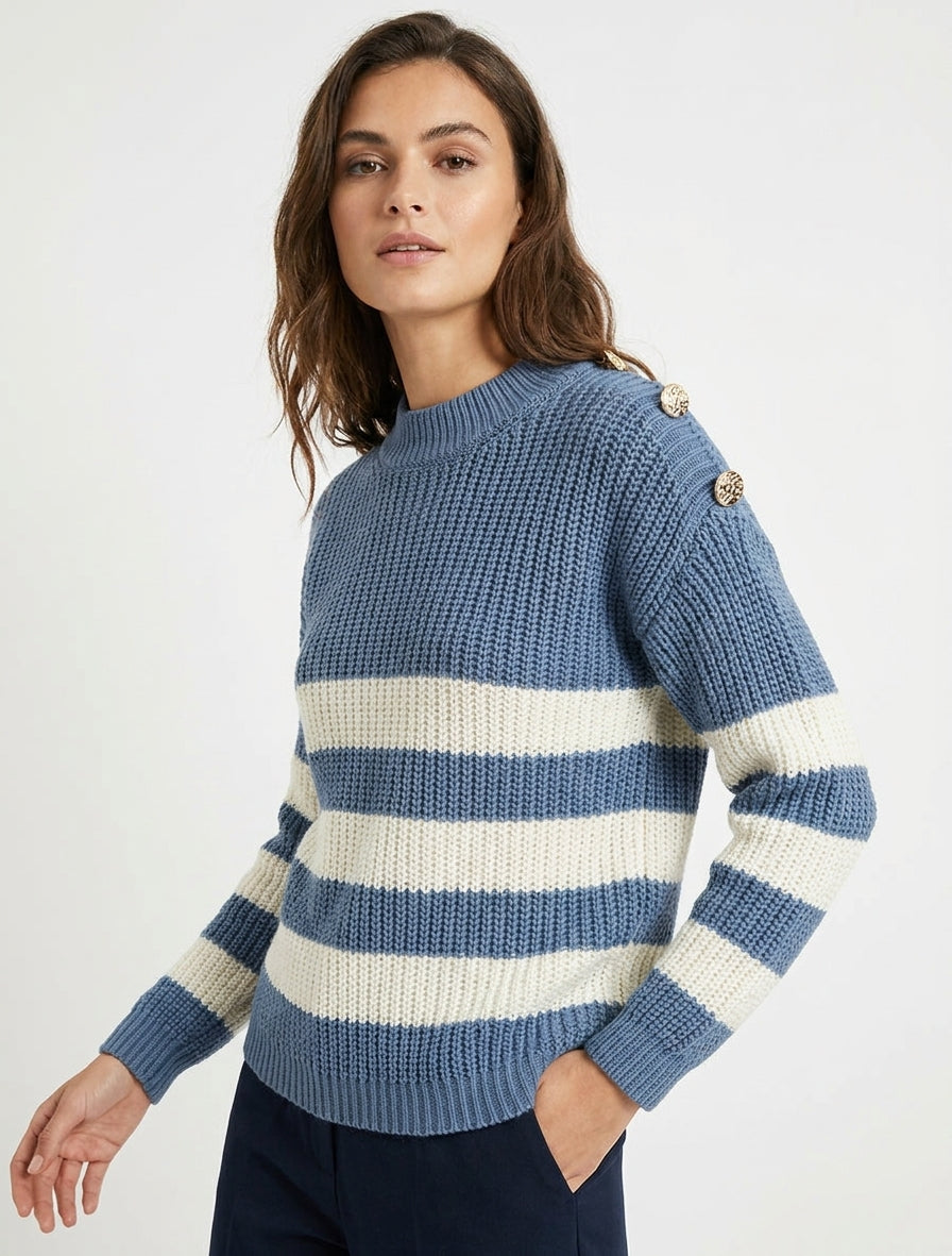 Gestreepte trui met decoratieve knopen - Blauw karretje