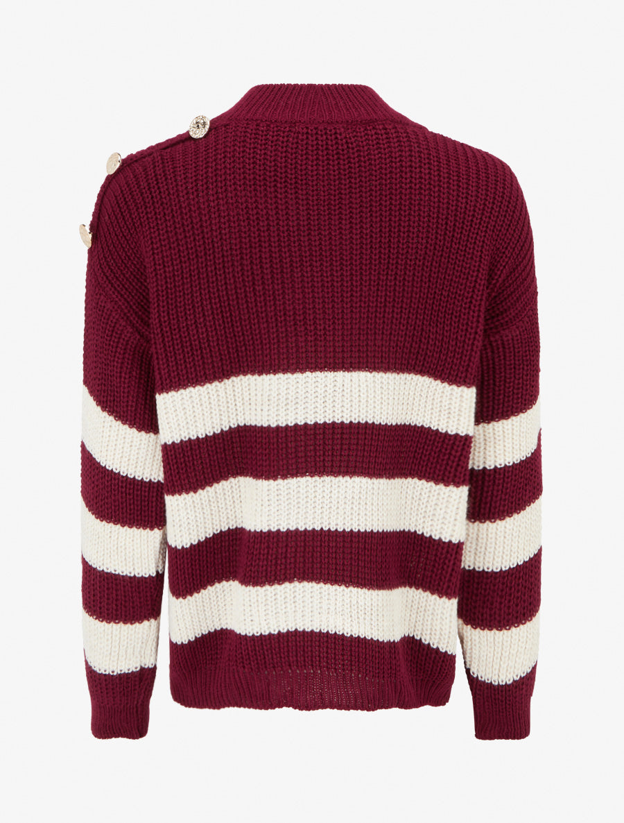 Pull à rayures et boutons décoratifs - Lie de vin - 2
