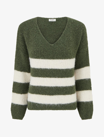 Pull à rayures en laine mélangée à col V - Kaki - 1