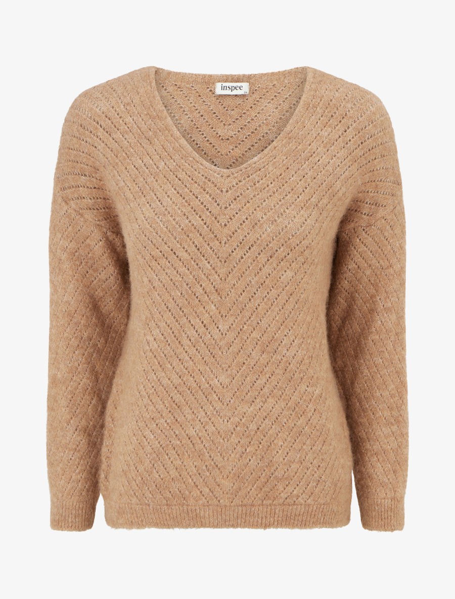 Pull coupe ample en laine mélangée à col V - Camel - 1