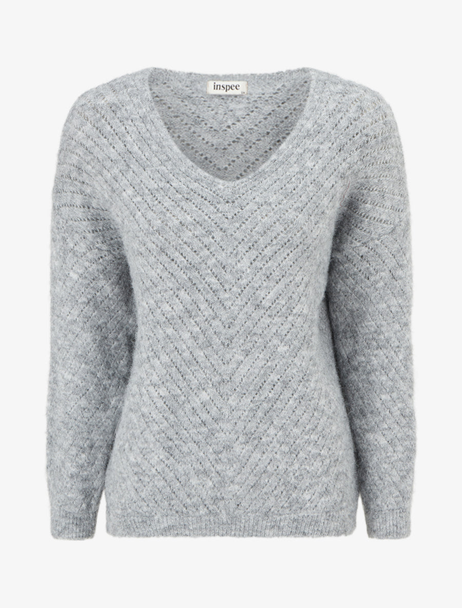 Pull coupe ample en laine mélangée à col V - Gris - 1