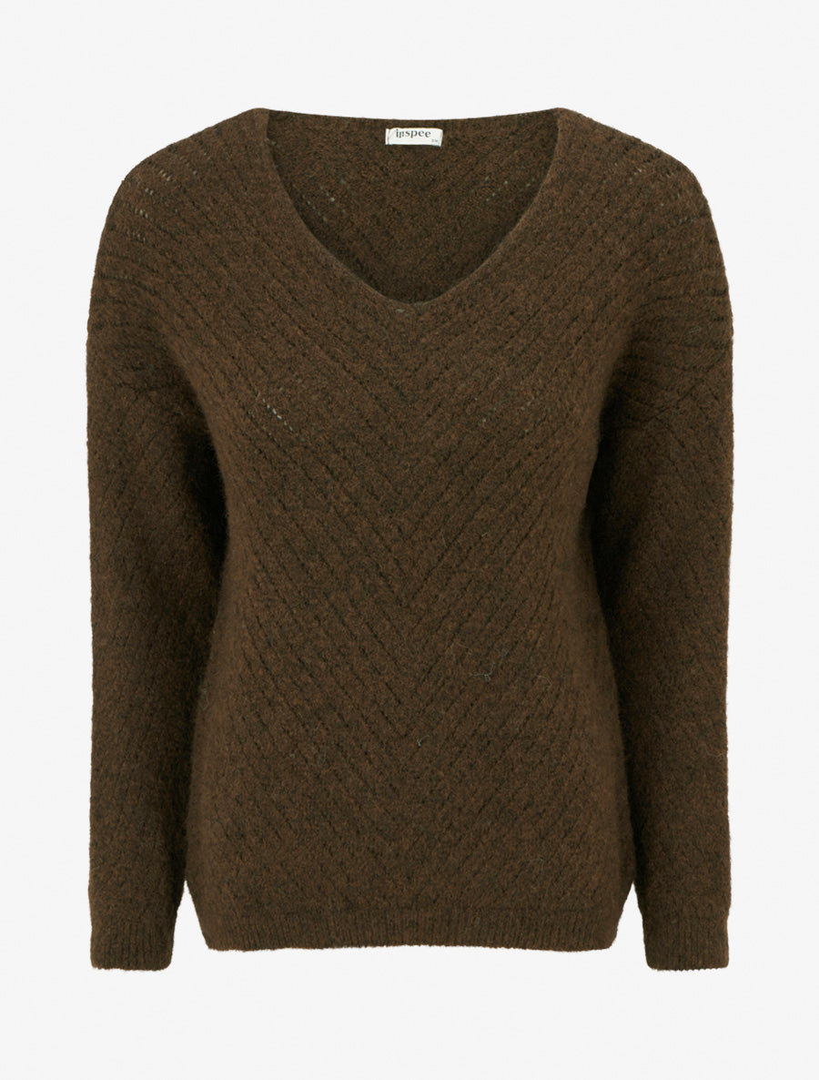 Pull coupe ample en laine mélangée à col V - Marron - 1