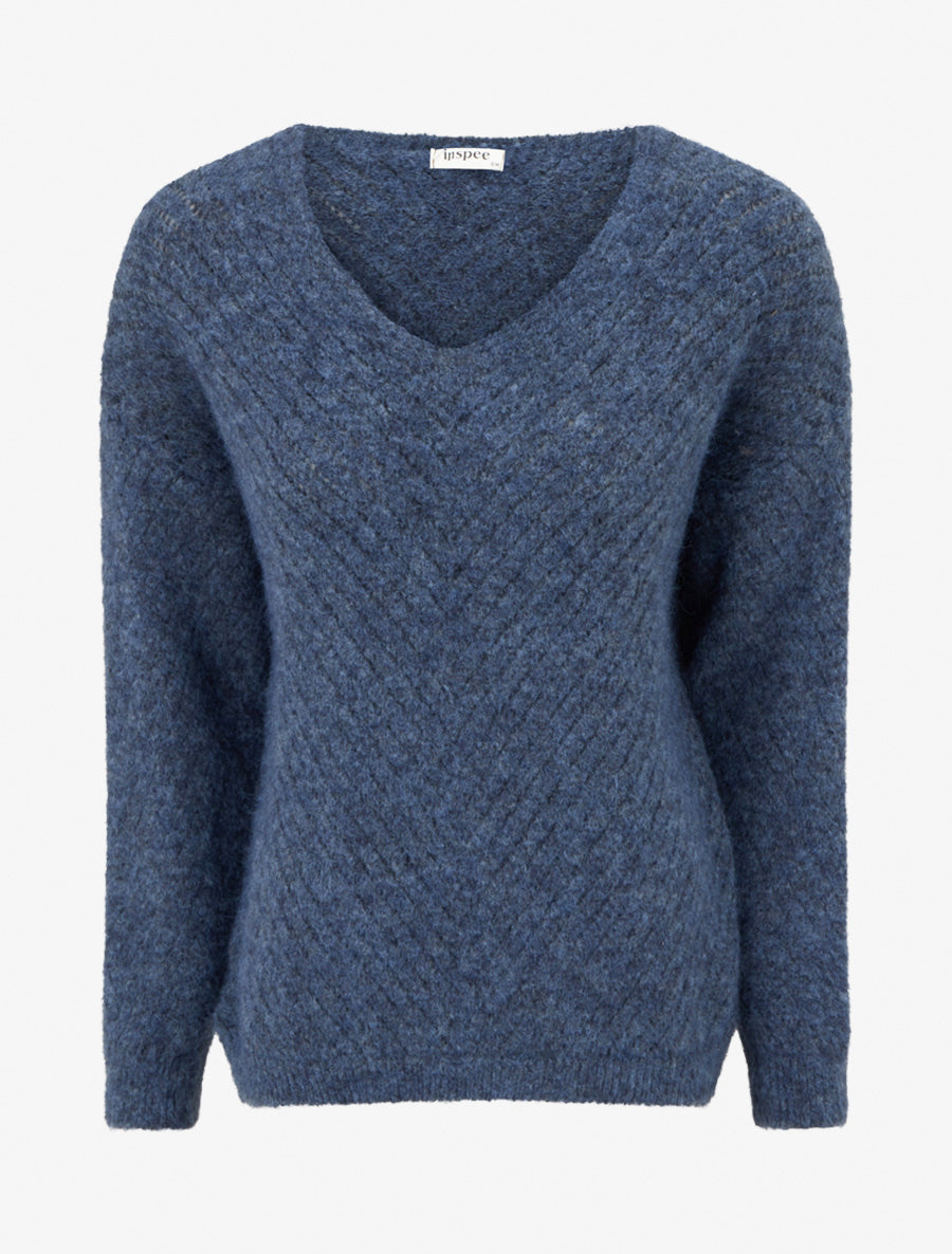 Pull coupe ample en laine mélangée à col V - Bleu - 1
