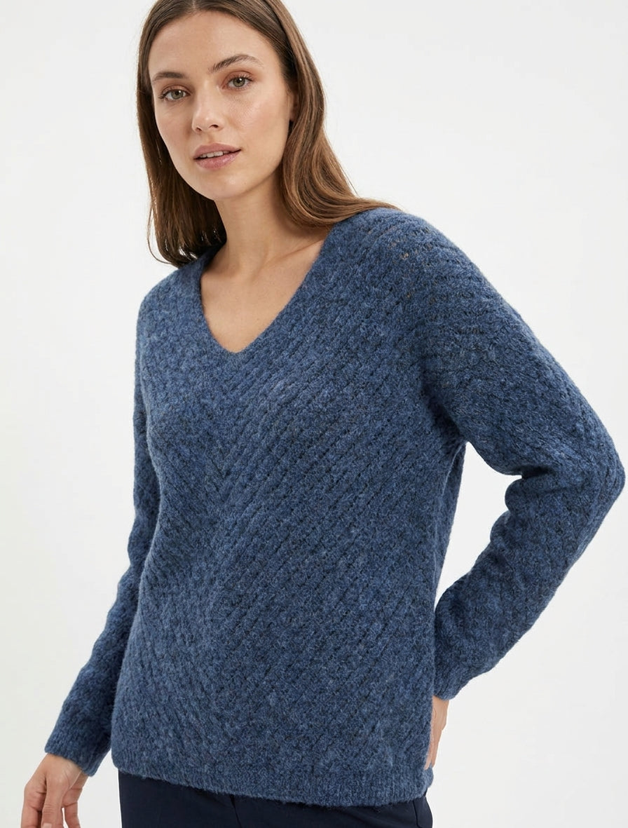 Ruime trui van gemengde wol met V-hals. - Blauw
