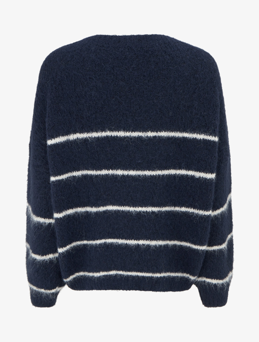 Pull en laine mélangée à col rond et rayures - Marine - 2