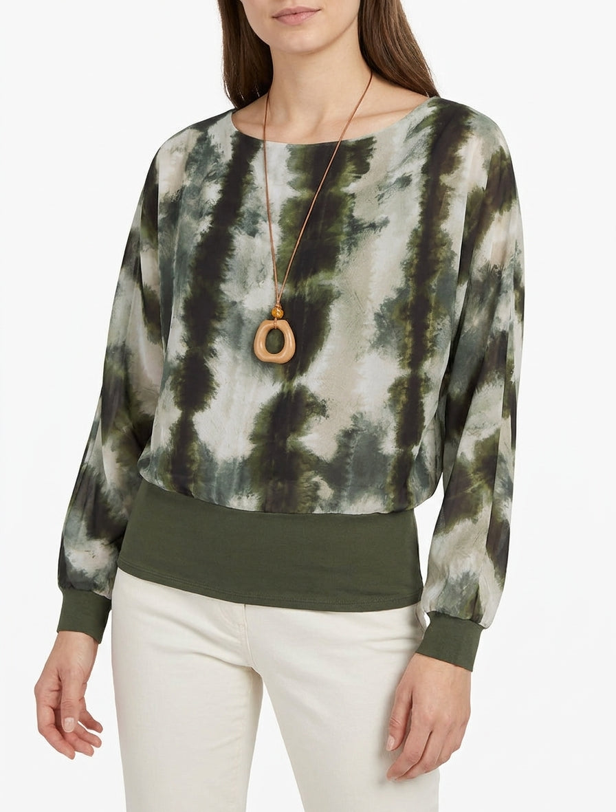 Aquarelprint top met lange vleermuismouwen - Kaki