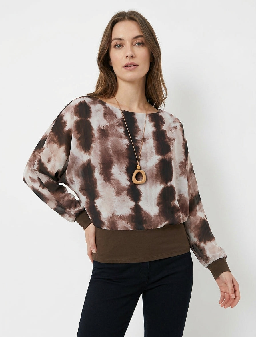 Aquarelprint top met lange vleermuismouwen - Bruin